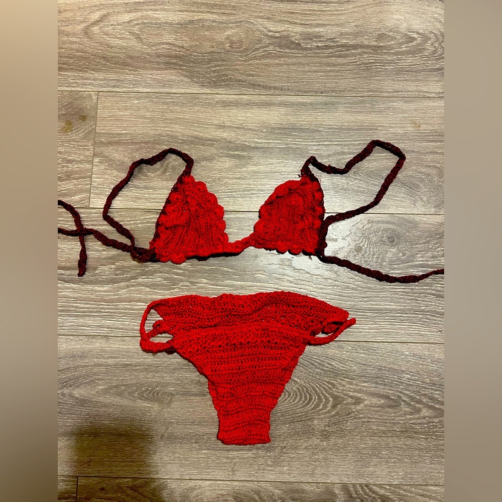 Colombian handmade, crochet, rich red binkini set.